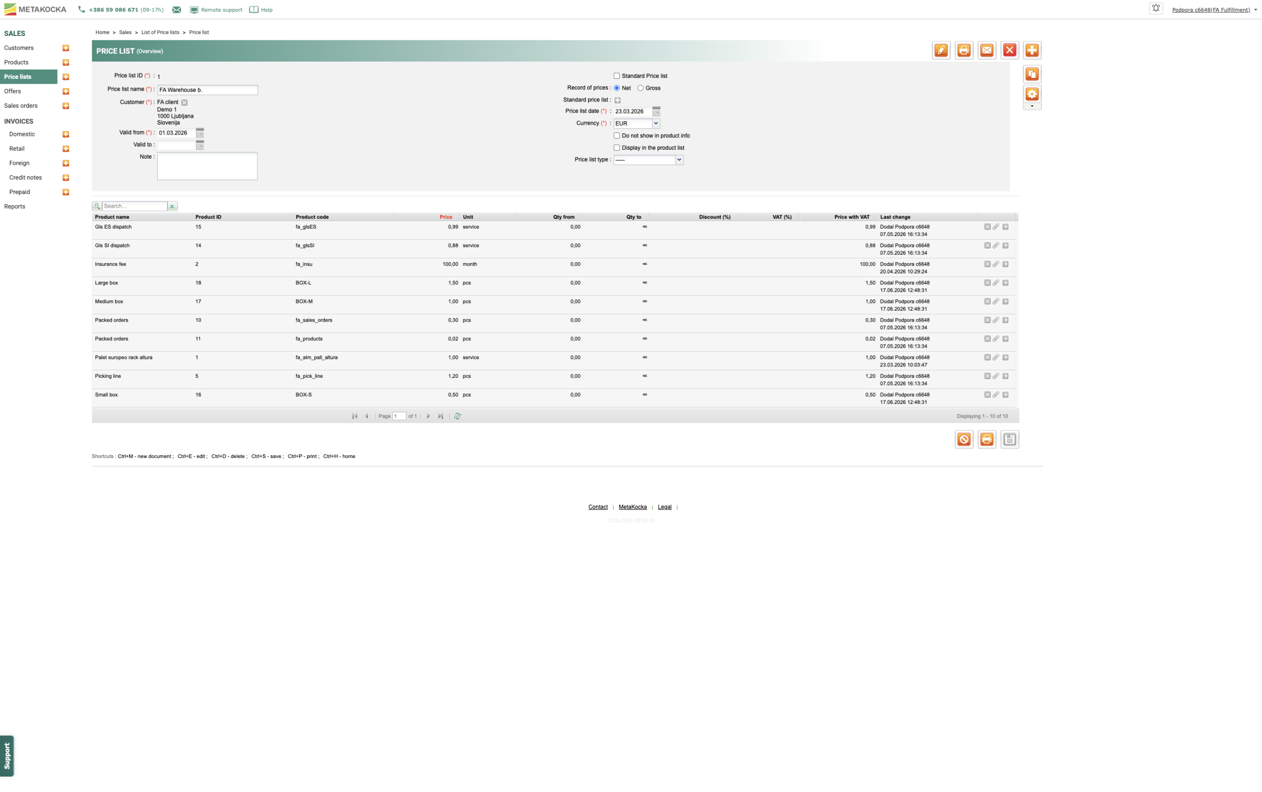 Price list setup