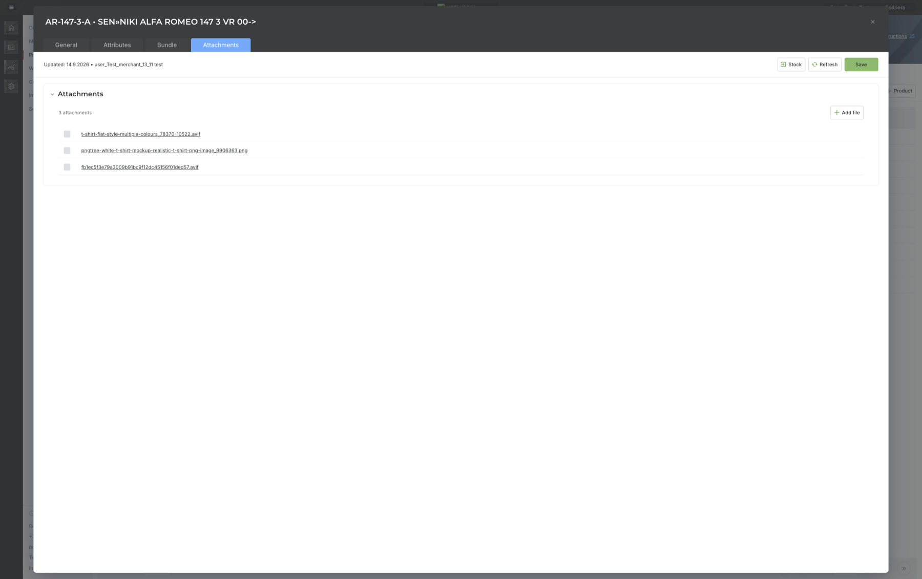 Zavihek Attachments pri artiklu s seznamom treh datotek in gumbom Add file