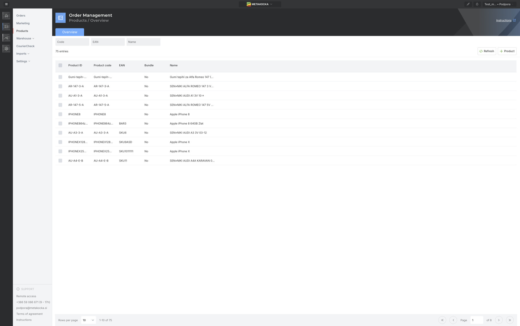 Pregled artiklov v Order Managementu s stolpci Product ID, Product code, EAN, Bundle in Name