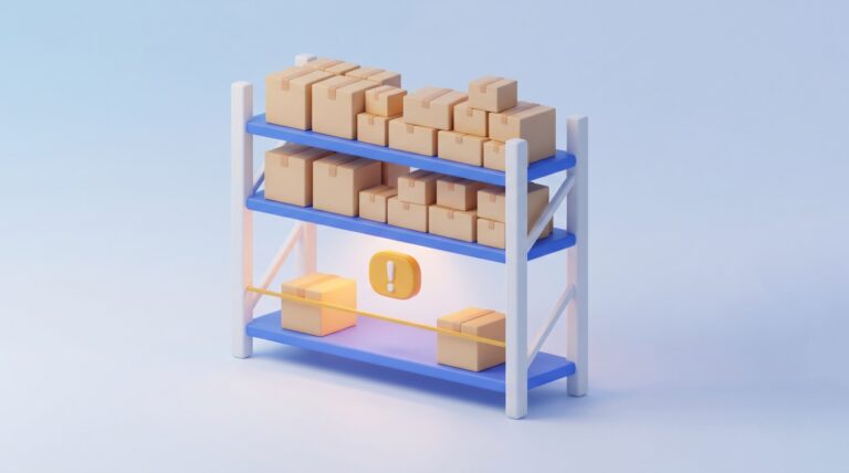 Skladiščni regal s polnima zgornjima policama in skoraj prazno spodnjo, na kateri je opozorilo o doseženi minimalni zalogi