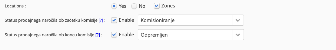 Nastavitvi Status prodajnega naročila ob začetku komisije in ob koncu komisije