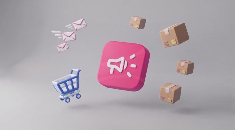 Roza ikona modula Marketing z megafonom, obkrožena z e-poštnimi ovojnicami, nakupovalnim vozičkom in paketi