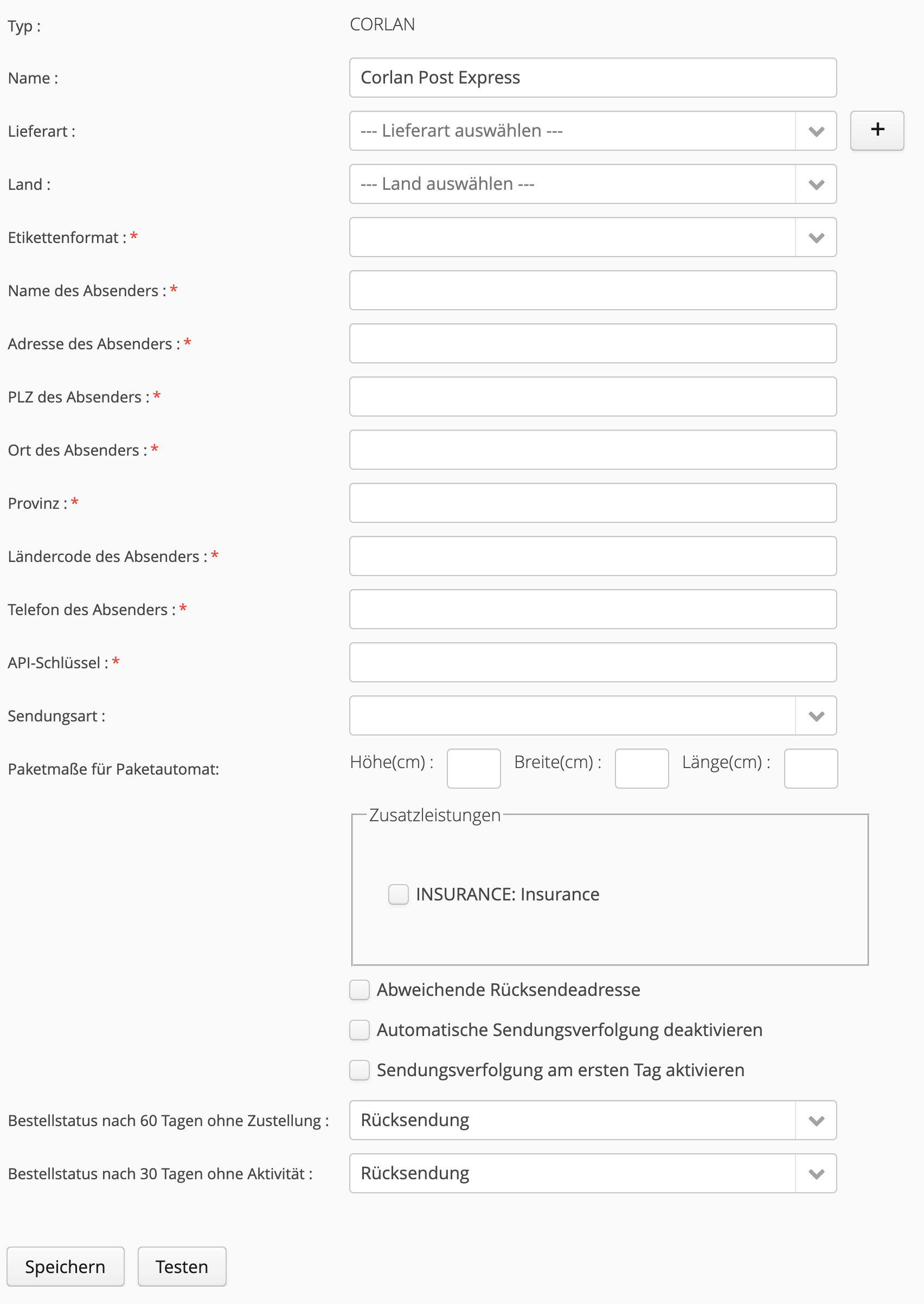 Einstellungen des Versanddienstes Corlan Post Express in MetaKocka