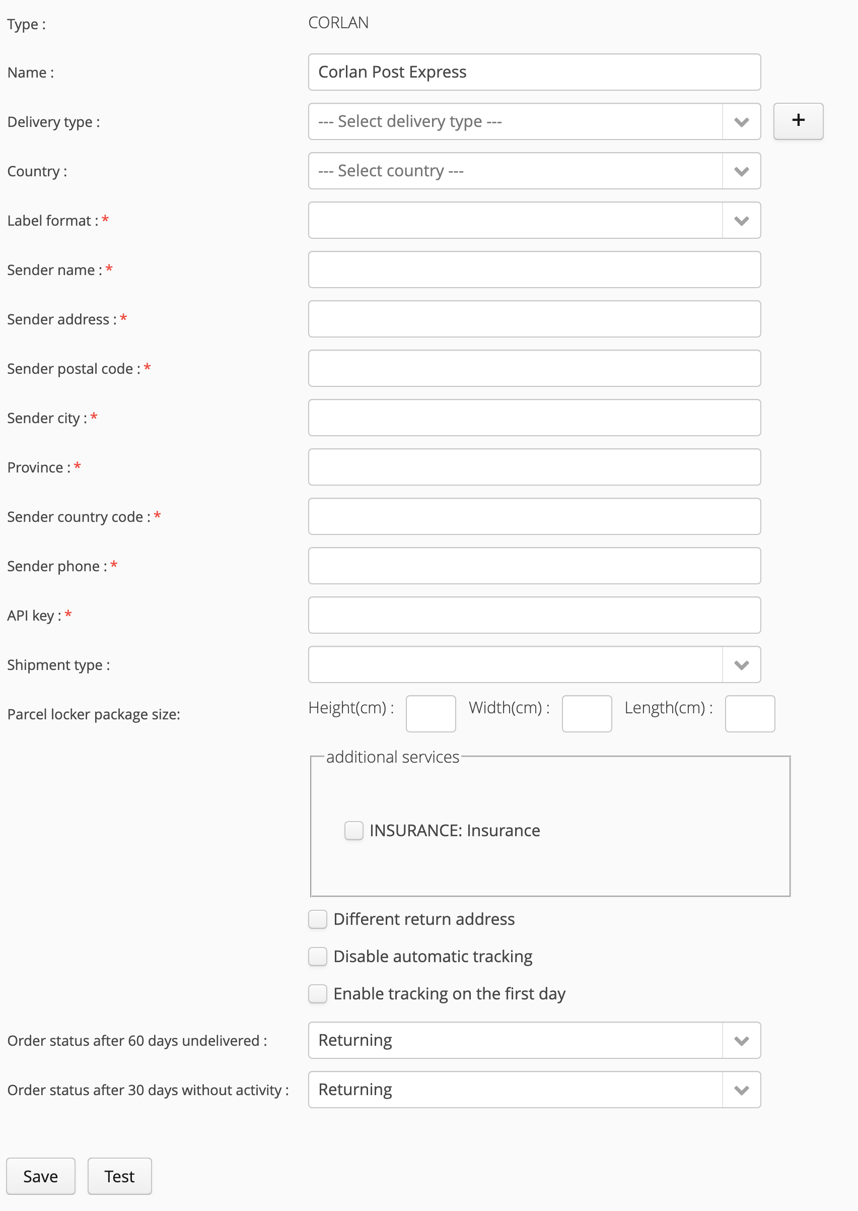 Corlan Post Express delivery service settings in MetaKocka