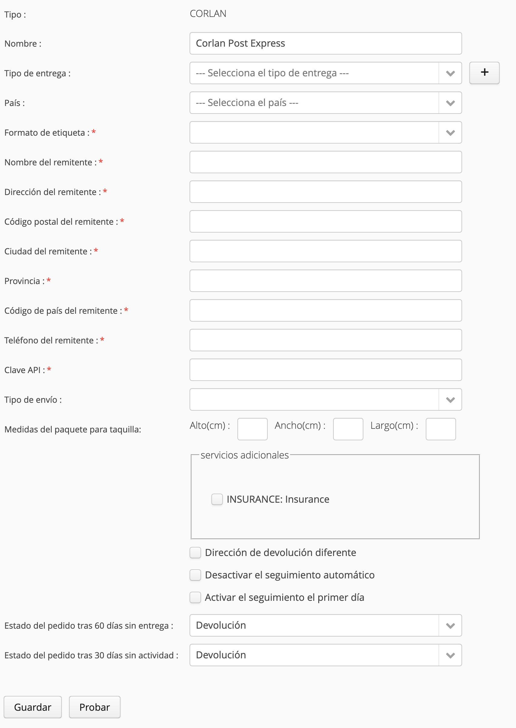 Configuración del servicio de entrega Corlan Post Express en MetaKocka
