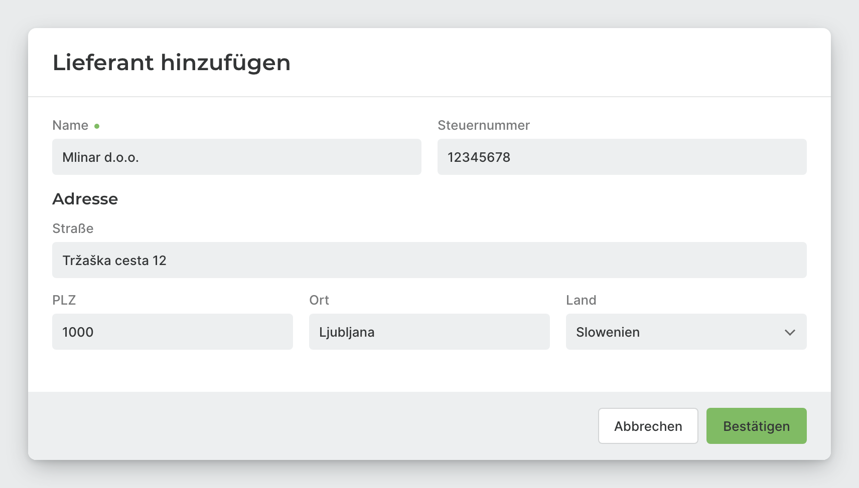 Fenster Lieferant hinzufügen mit Name, Steuernummer und Adresse