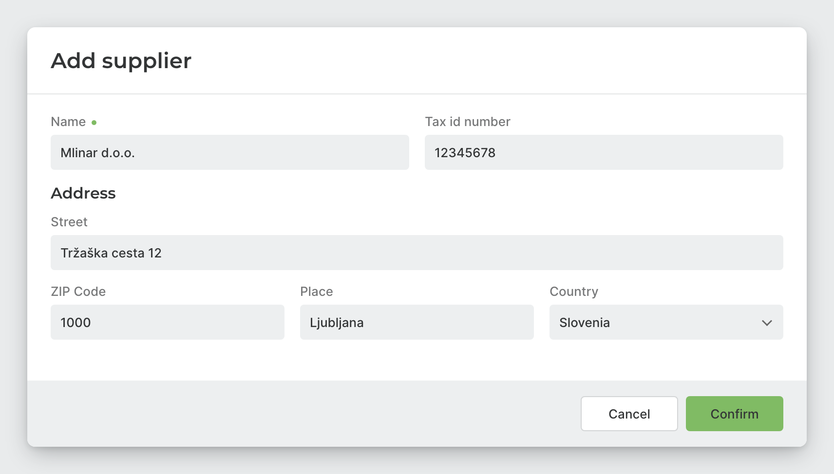 Add supplier window with name, tax ID number and address