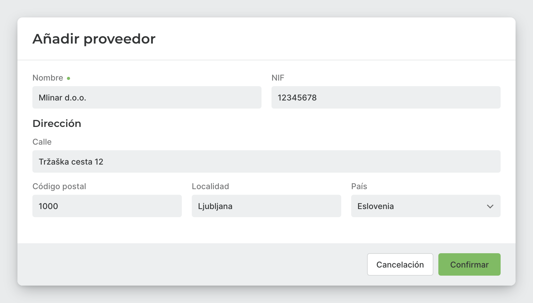Ventana Añadir proveedor con nombre, NIF y dirección