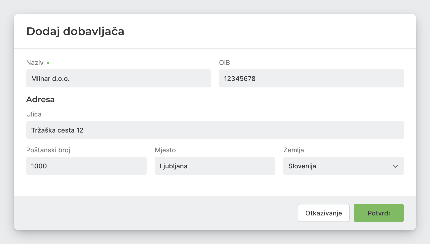 Prozor Dodaj dobavljača s nazivom, OIB-om i adresom