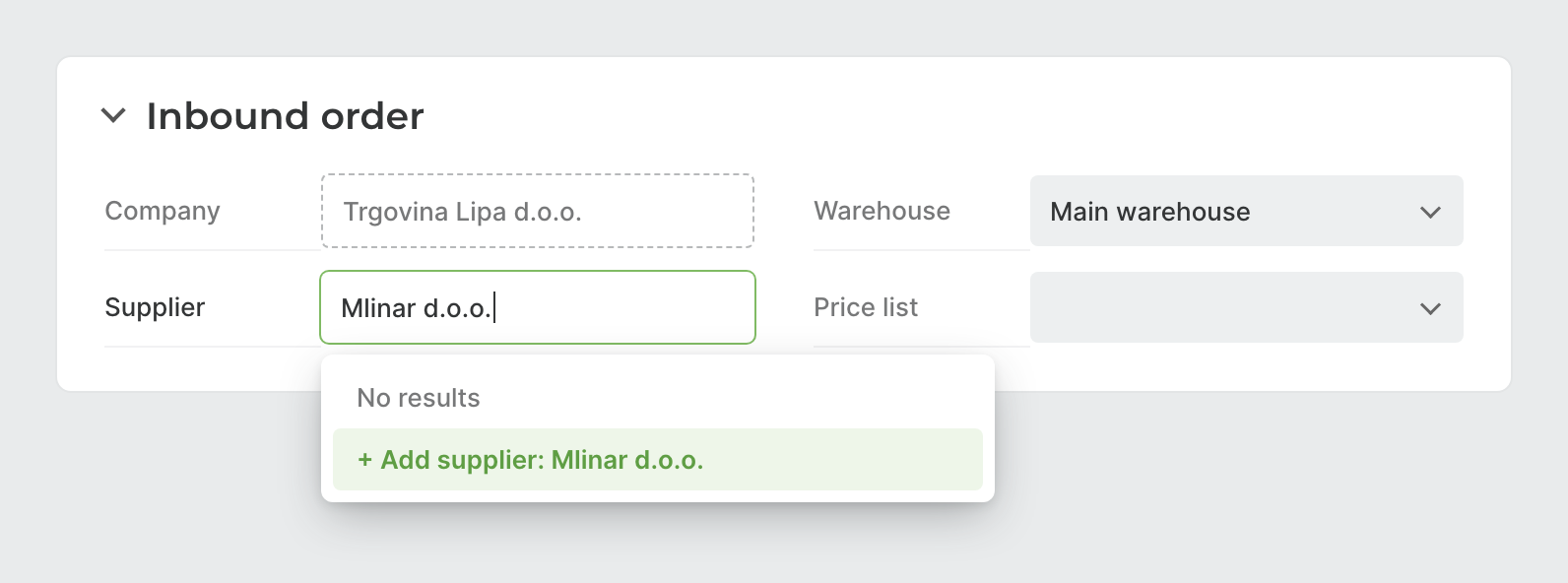 Supplier dropdown with the Add supplier option on an inbound order