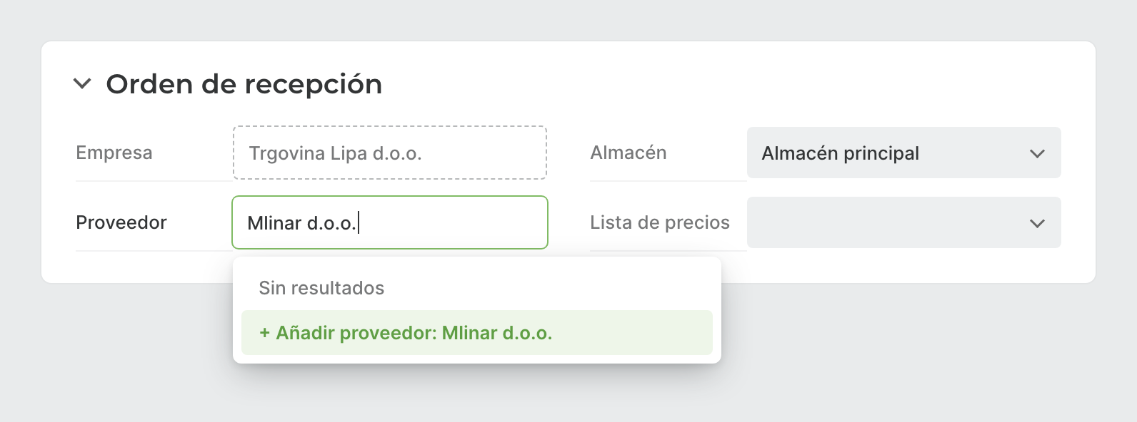 Lista desplegable Proveedor con la opción Añadir proveedor en una orden de recepción