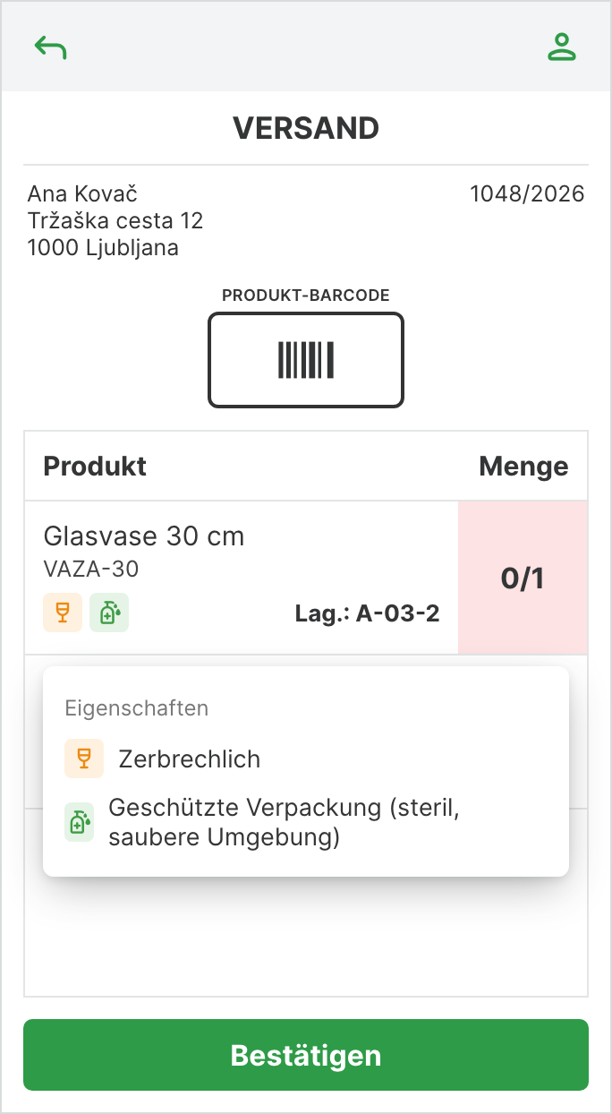 Versand auf dem Scanner mit Eigenschaftssymbolen unter dem Produkt