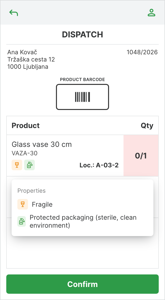 Dispatch on the mobile scanner with property icons under the product