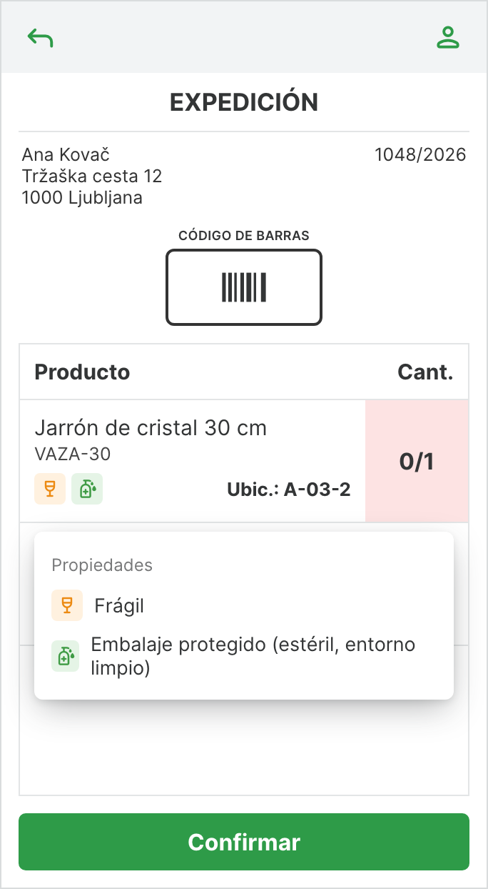 Expedición en el escáner móvil con iconos de propiedades debajo del producto
