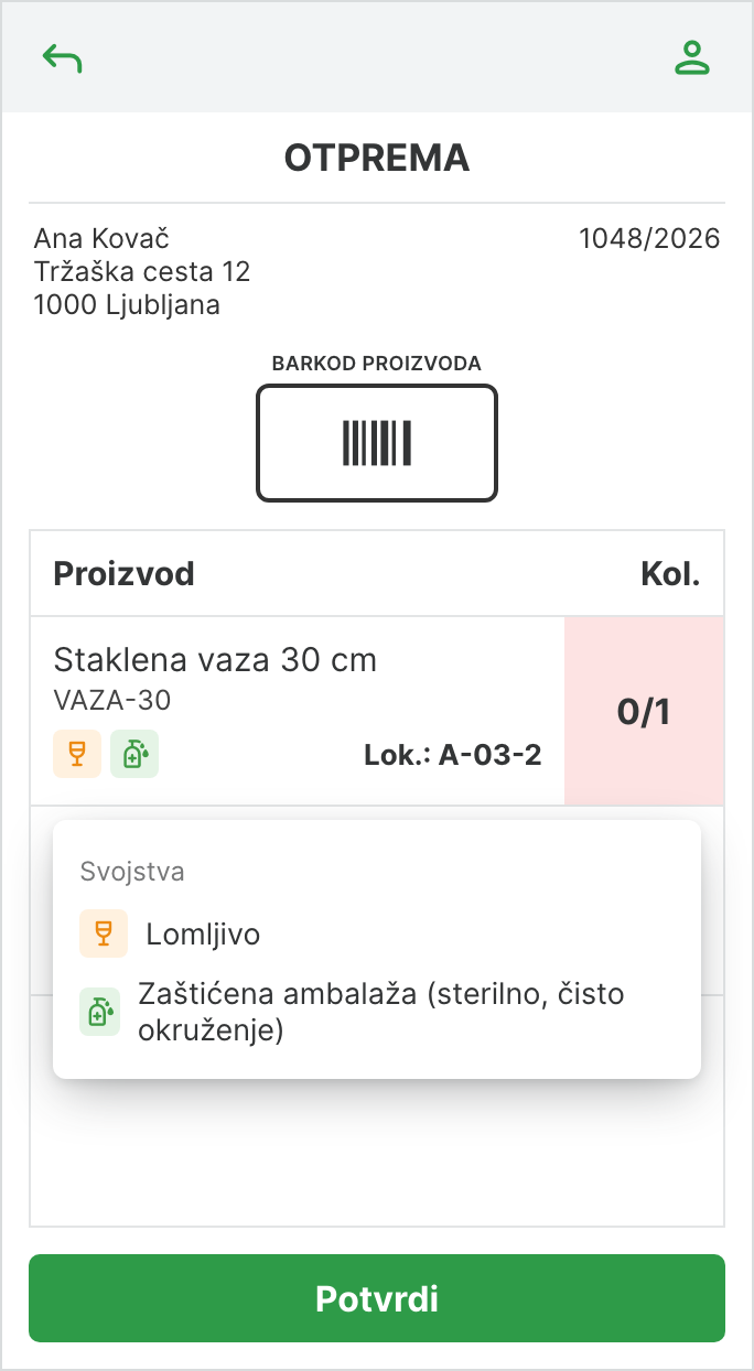 Otprema na čitaču s ikonama svojstava ispod proizvoda