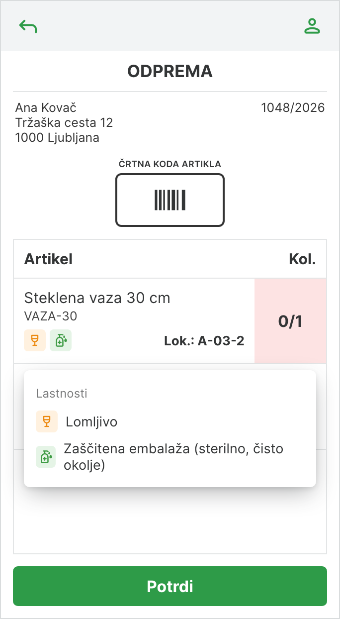 Odprema na čitalcu z ikonami lastnosti pod artiklom