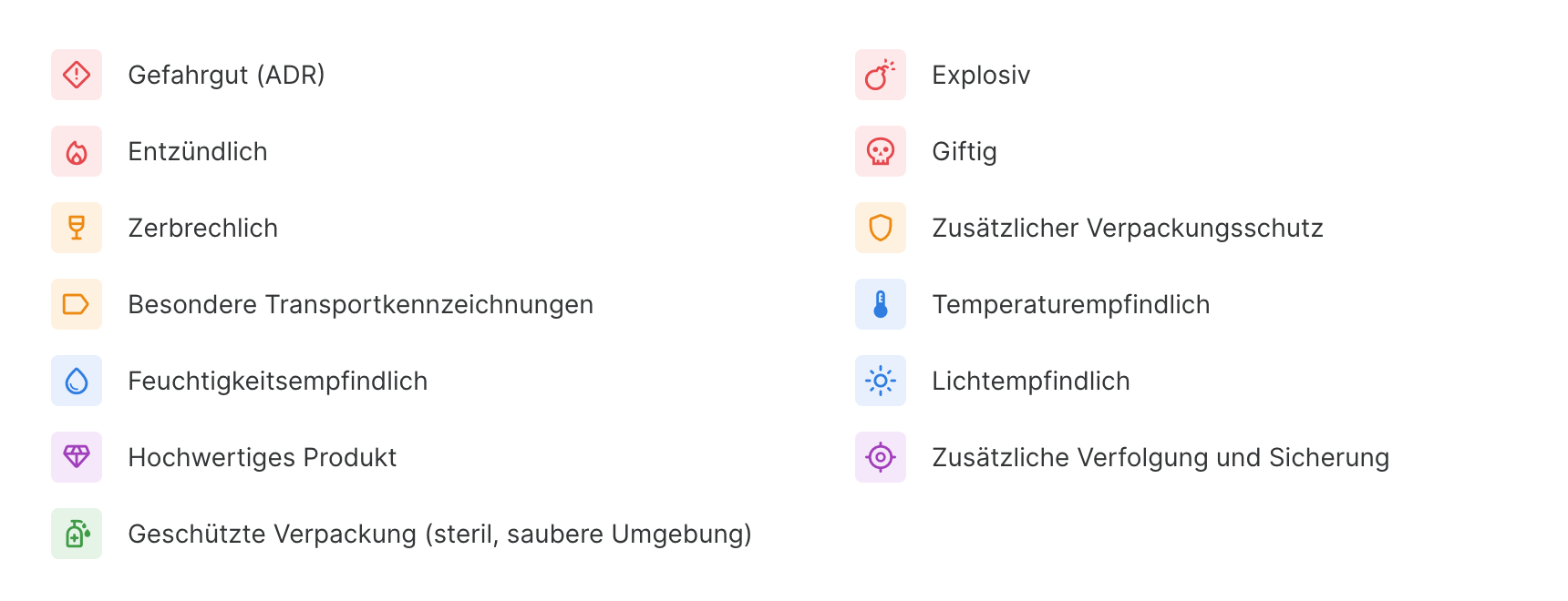 Symbole der Produkteigenschaften, von Gefahrgut bis geschützte Verpackung