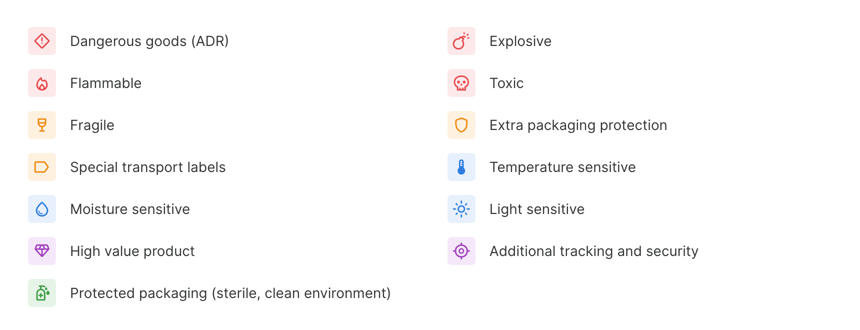 Product property icons, from dangerous goods to protected packaging