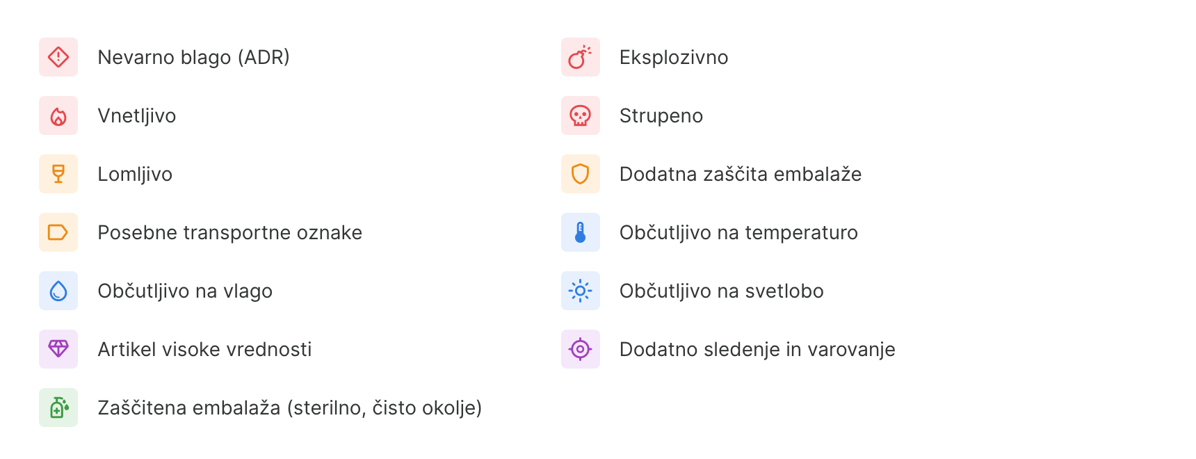 Ikone lastnosti artikla, od nevarnega blaga do zaščitene embalaže
