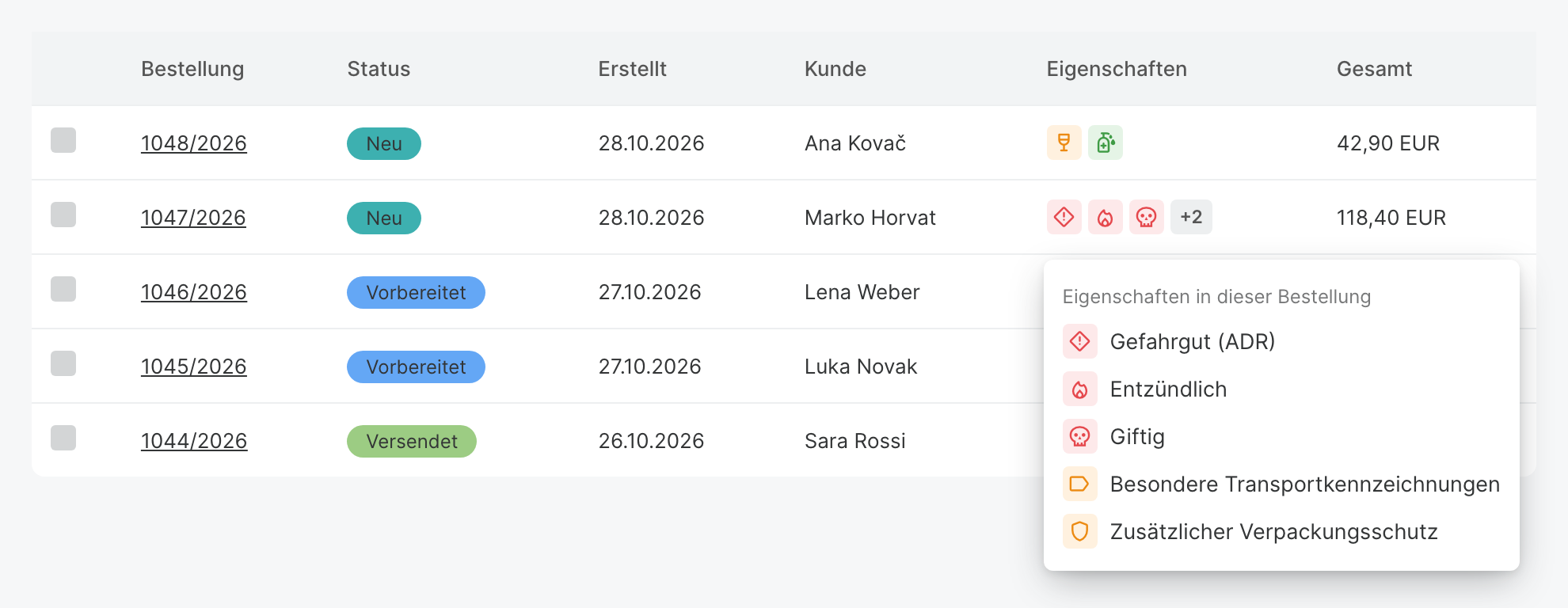 Bestellliste mit der Spalte Eigenschaften und der geöffneten Liste der Eigenschaften der Bestellung