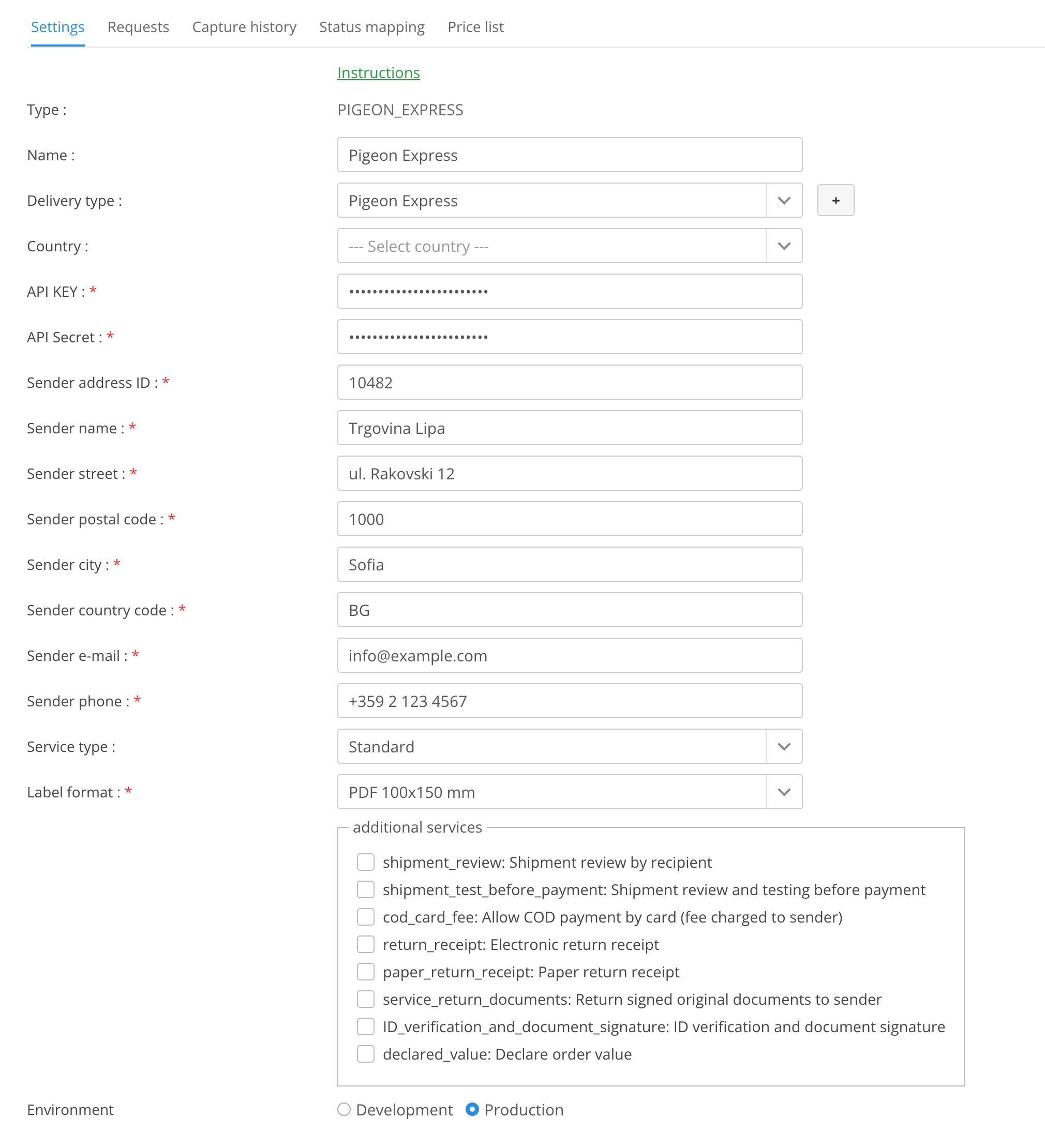 Pigeon Express delivery service settings in MetaKocka