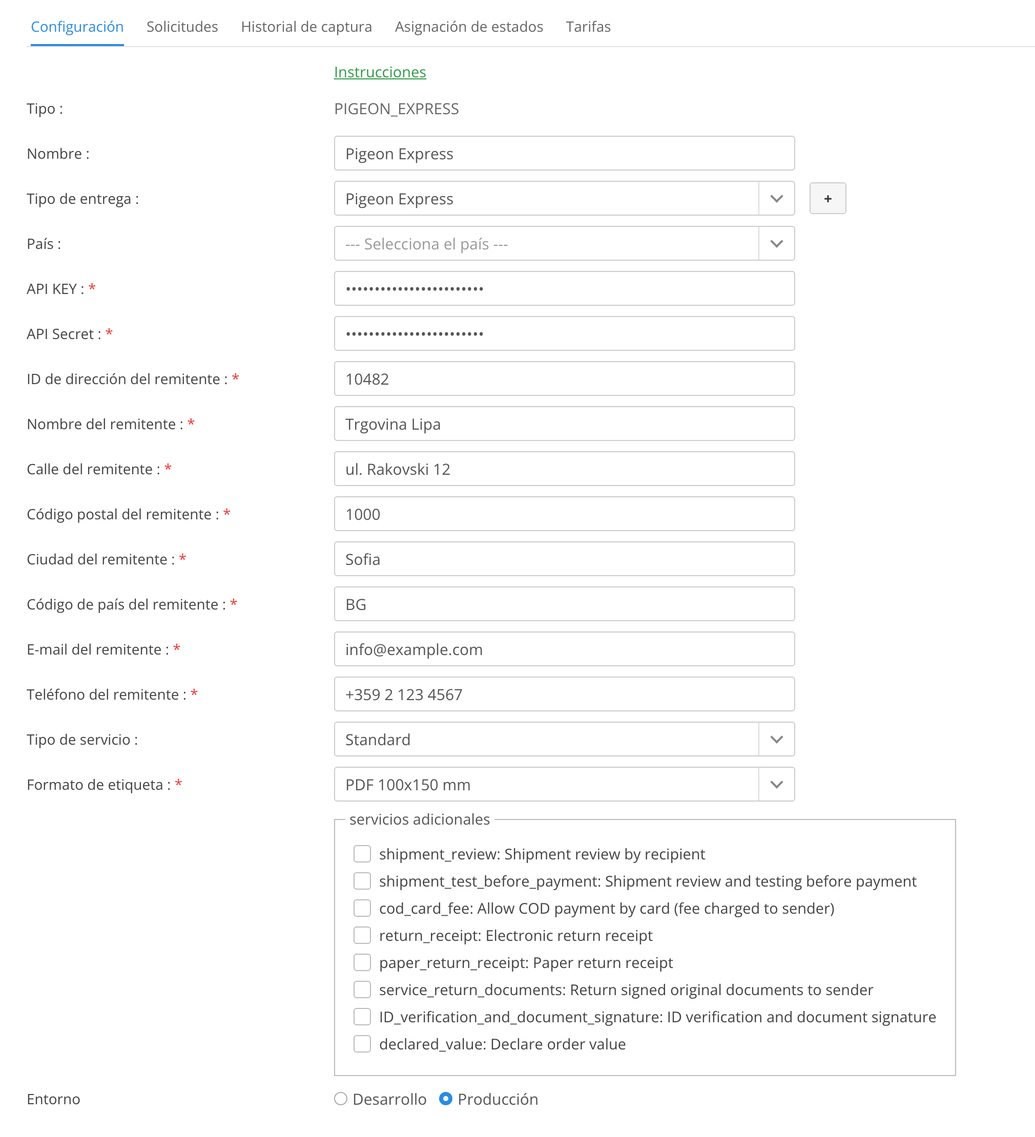 Configuración del servicio de entrega Pigeon Express en MetaKocka