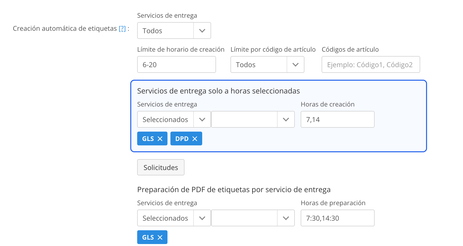 Ajustes de la creación automática de etiquetas con la nueva fila Servicios de entrega solo a horas seleccionadas