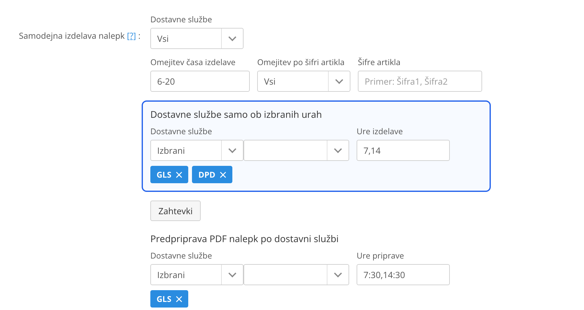 Nastavitve samodejne izdelave nalepk z novo vrstico Dostavne službe samo ob izbranih urah