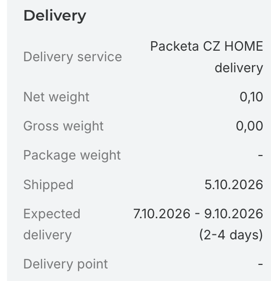 Razdelek Dostava v podrobnostih naročila z vrstico Expected delivery
