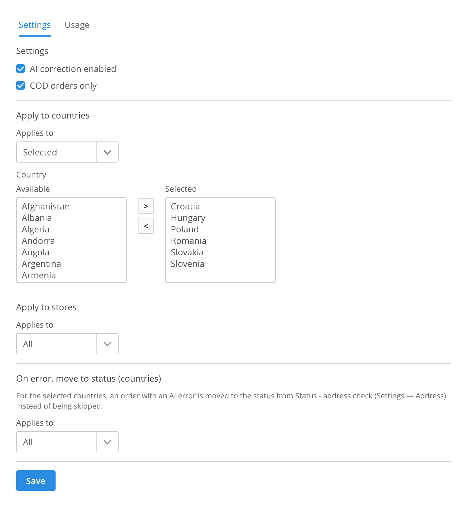 AI address correction settings: switch, COD orders only, countries and stores