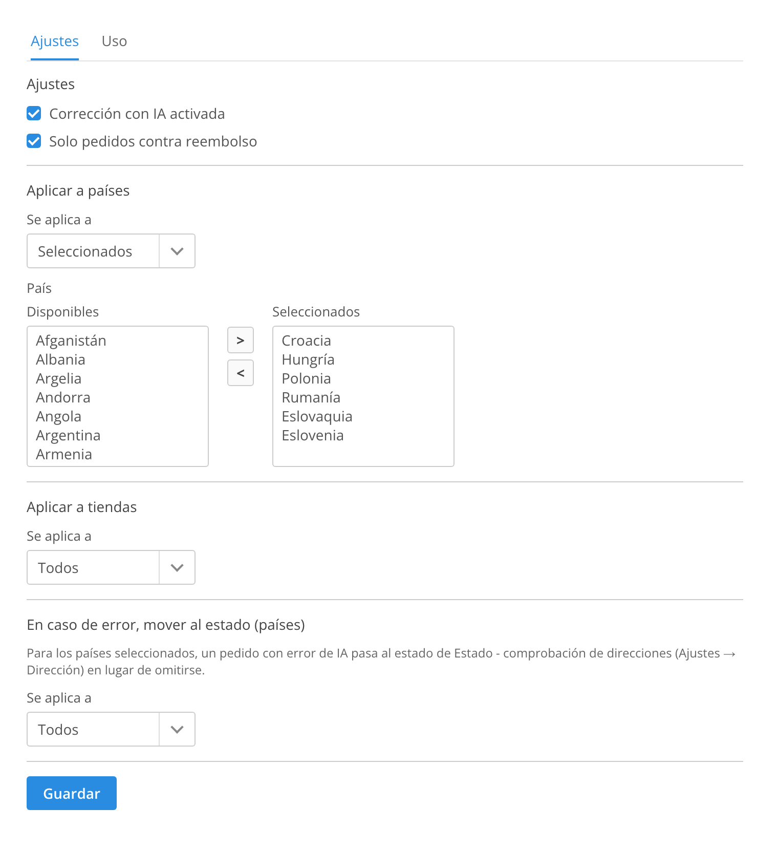 Ajustes de la corrección de direcciones con IA: activación, solo contra reembolso, países y tiendas